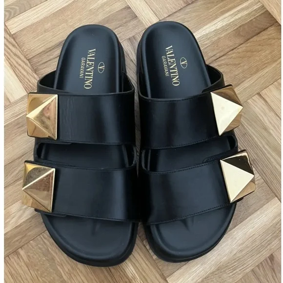 Valentino Garavani Black and Gold Sandals - Picture 4 of 6